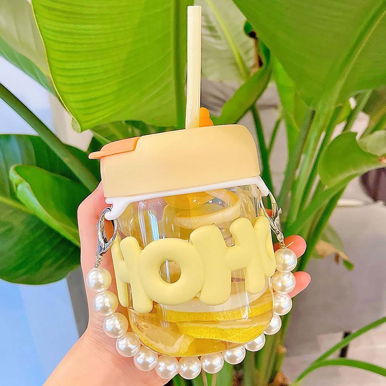 Sipper Bottle with Straw and Pearl String Handle